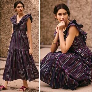 Roller Rabbit Ondine Navy Metallic Rainbow Stripe Midi Dress Ruffle Small